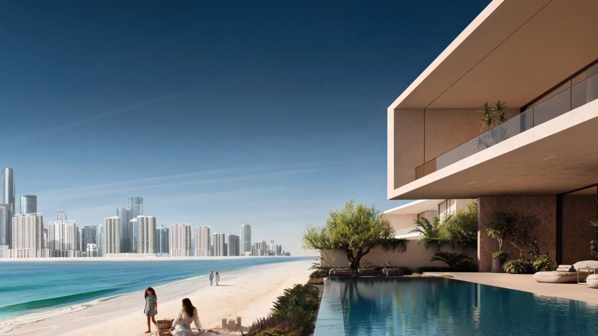 A beach beside an infinity pool, a mother and child on the sand and the Abu Dhabi skyline across the water