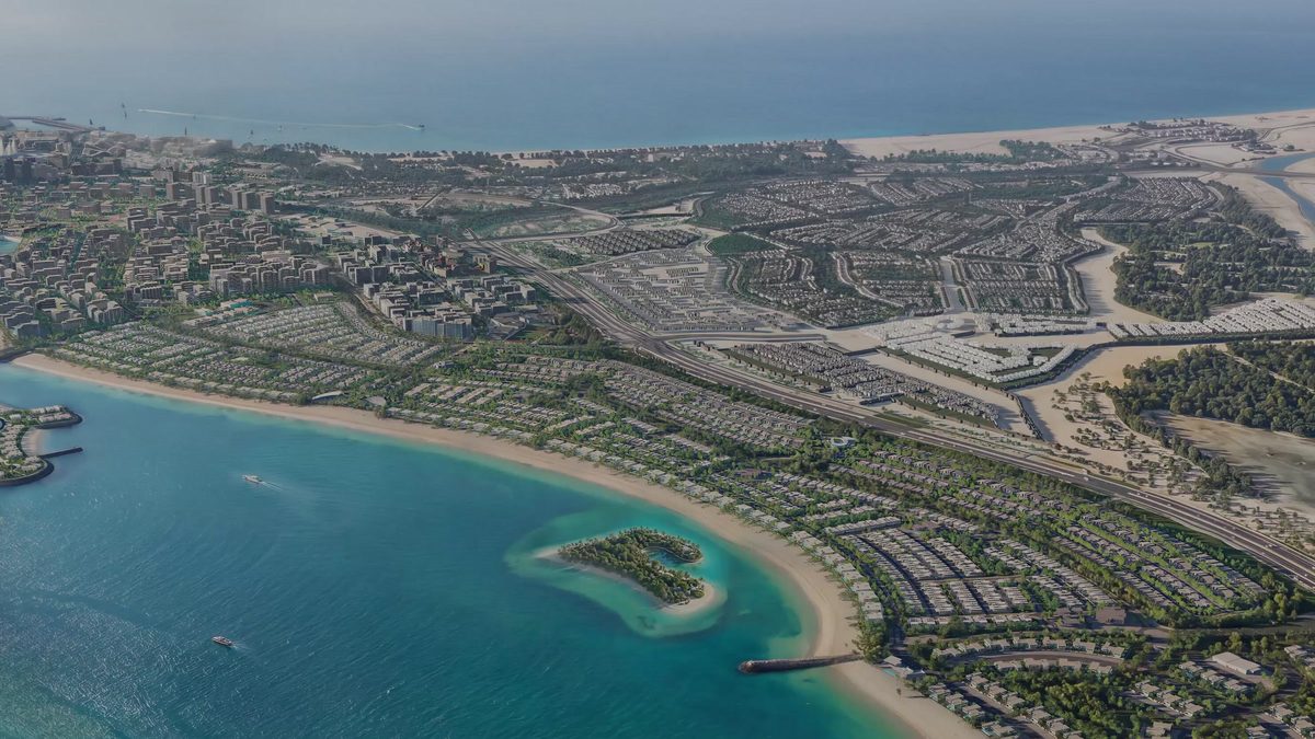 Aerial view of the lagoon, its beaches and the low-rise quarters along the shore