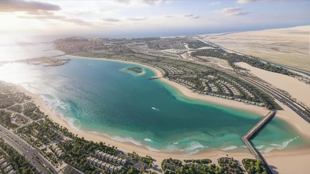 Aerial view of the Marsa Al Saadiyat masterplan: the lagoon, the beaches and low-rise quarters seen from above