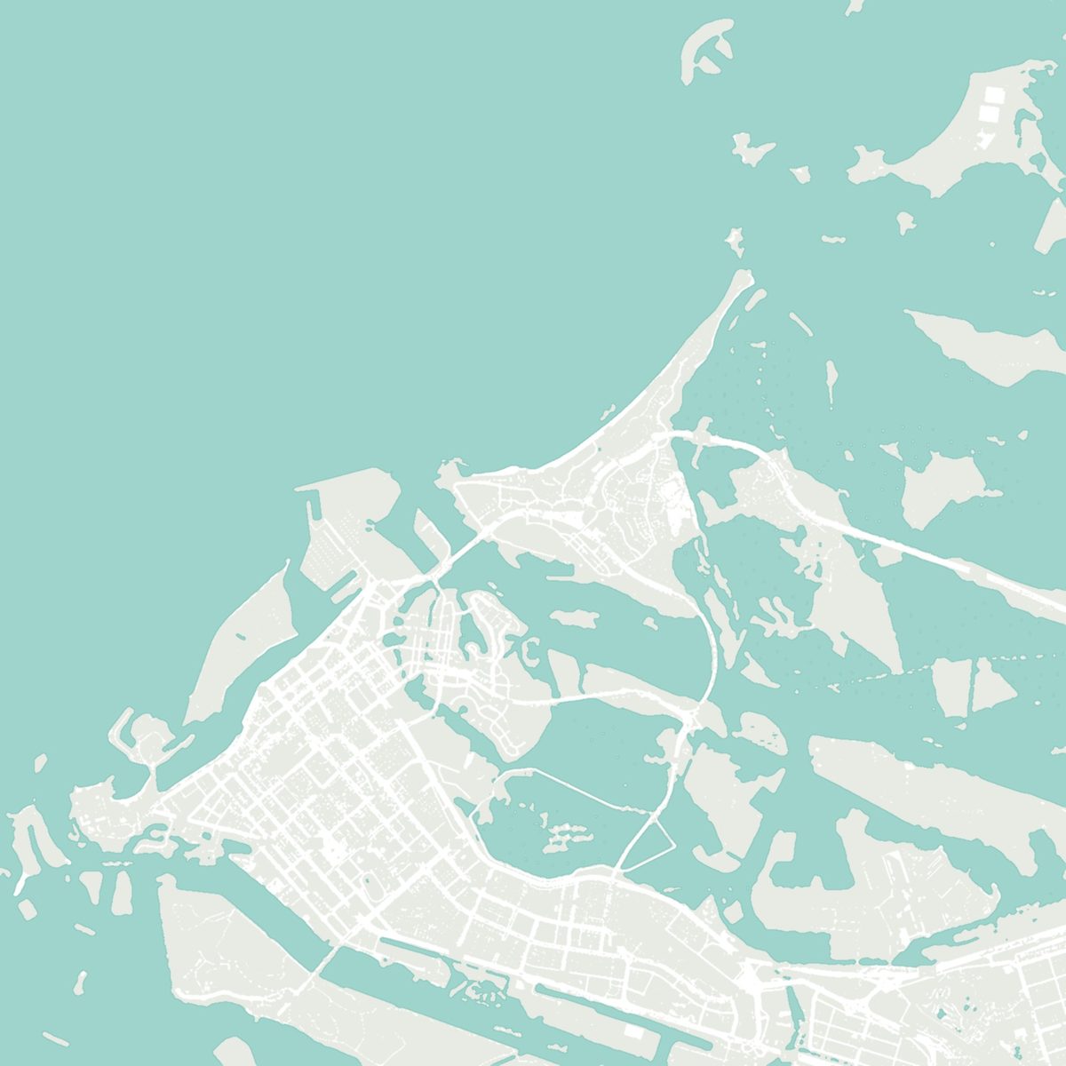 Map of the Saadiyat area showing coastlines, roads and bridges, without labels